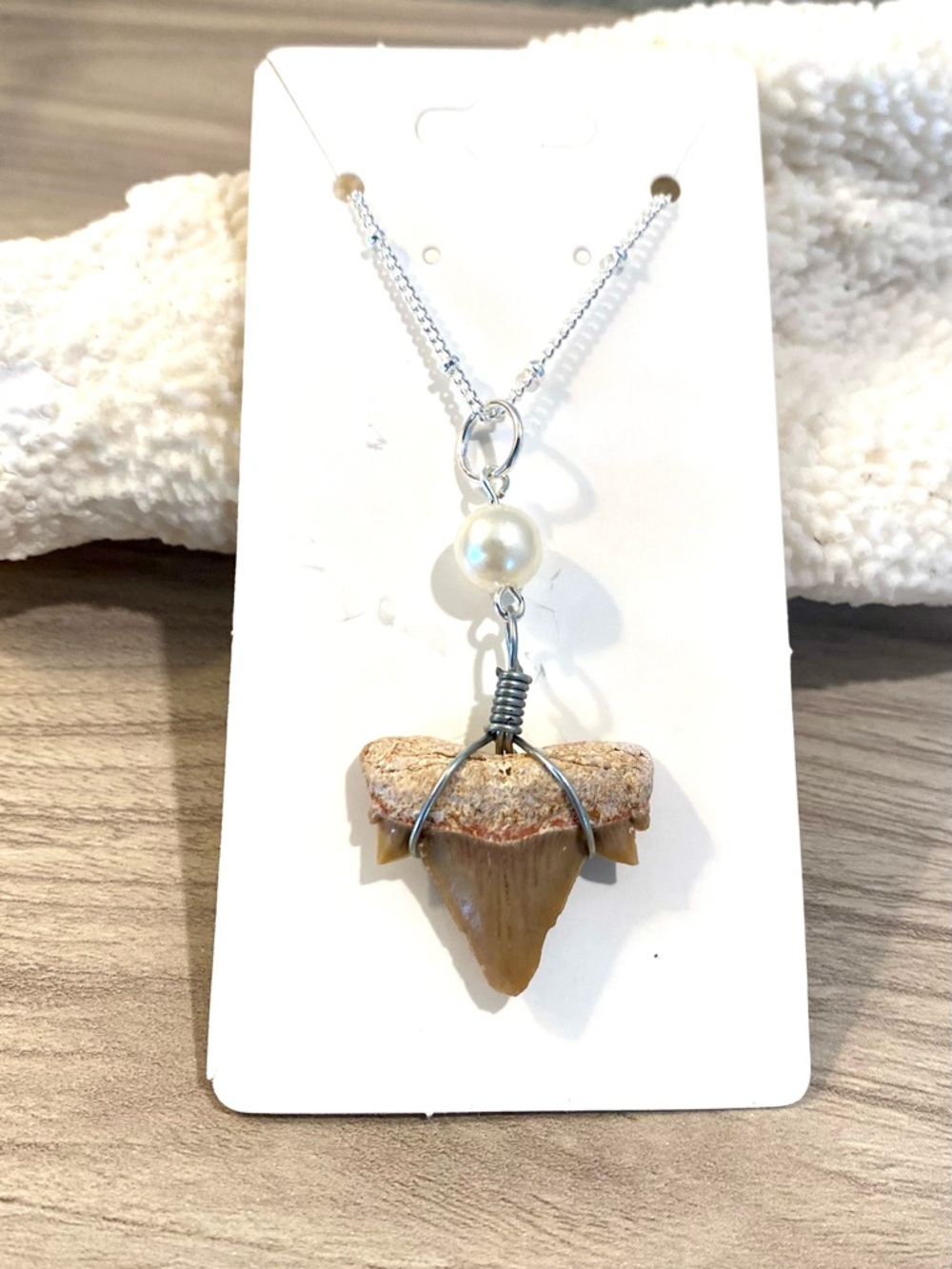 27. Silver Pearl & Brown Shark Tooth Pendant Necklace